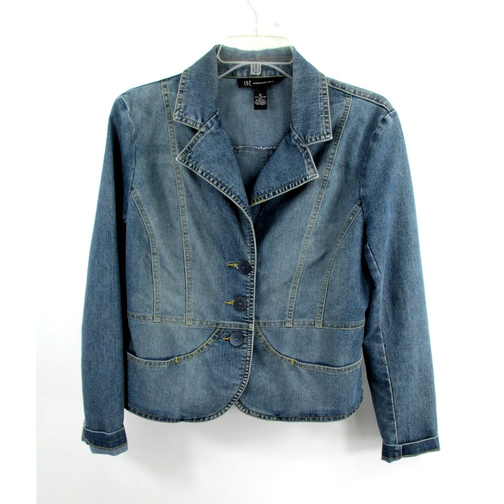 INC International Concepts Women Blue Faded Denim Jean Jacket Small Pockets